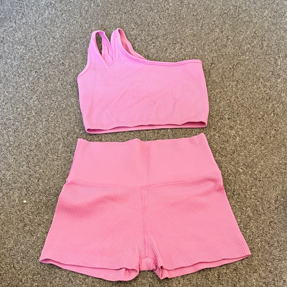 Aerie offline Pink Ribbed Two-Piece workout Set